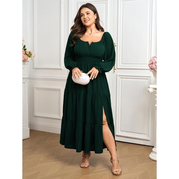 Plus Size Formal Dress Women Long Sleeve Tiered Maxi with Side Split - Picture 4 of 7